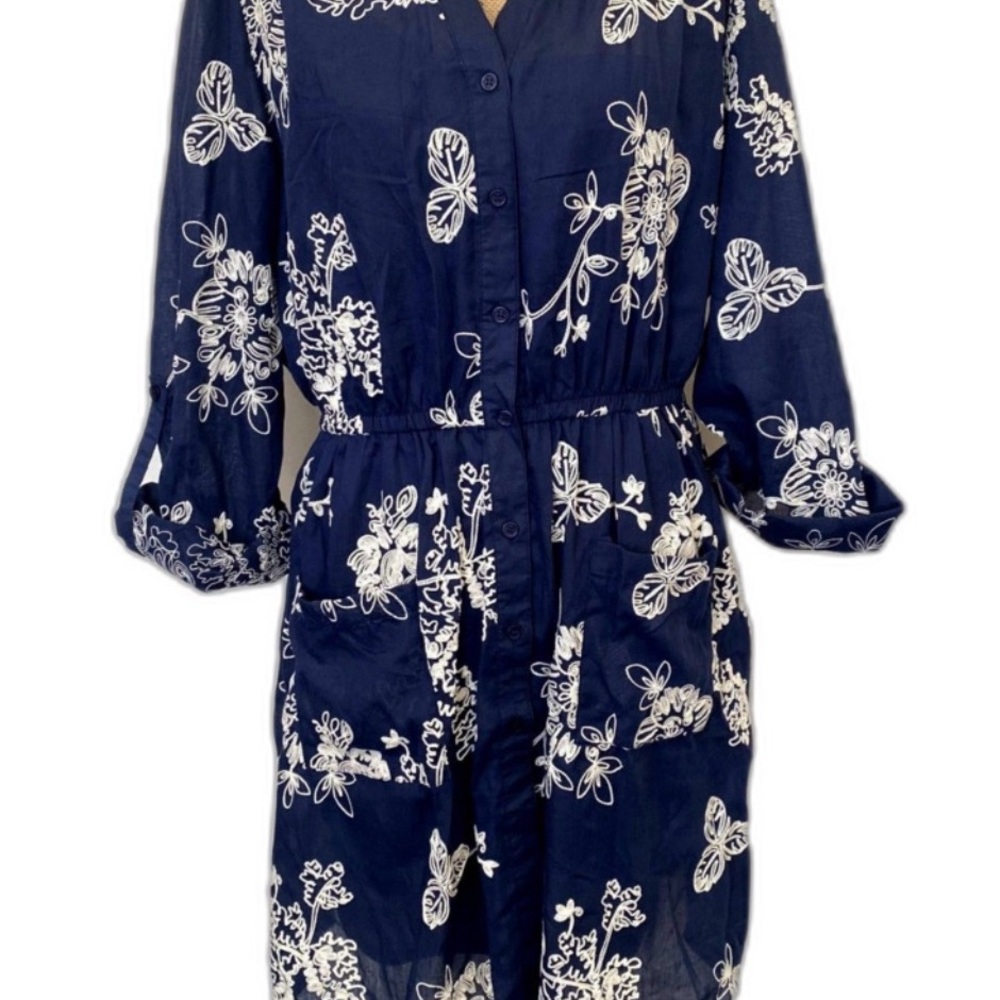 Westport Navy Dress with White Floral Print, Long Sleeves